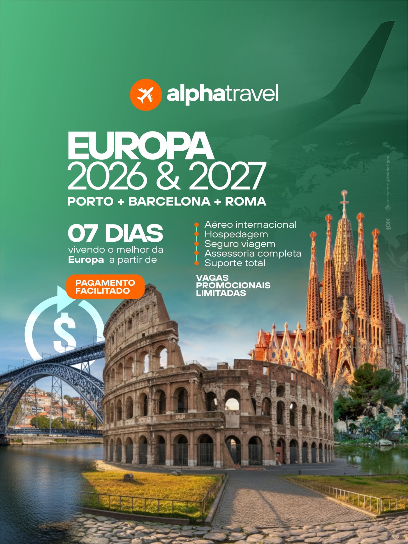 Arte da Alpha Travel para Europa 2026 e 2027 com Porto, Barcelona e Roma