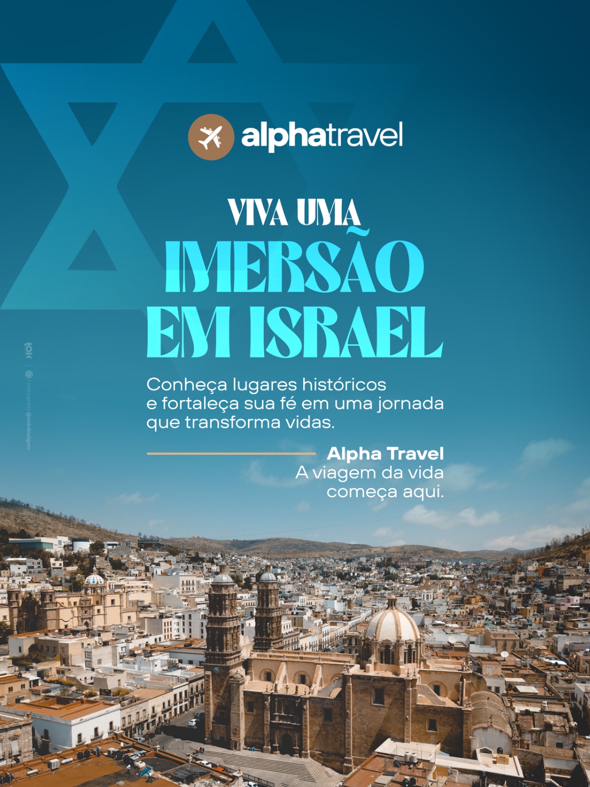 Arte da Alpha Travel para a Imersão em Israel com cidade histórica ao fundo